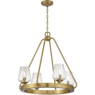 Warm Brass 4-Light Chandelier with Ribbed Glass Shades