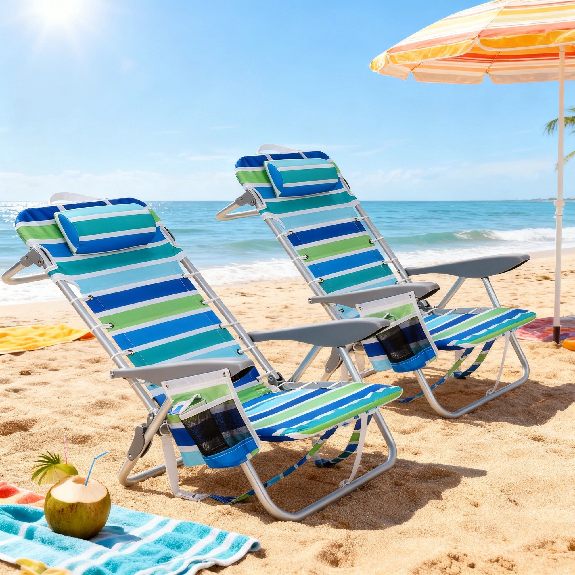 Backpack Beach Chair for Adults, Portable Lay Flat Folding Beach Chair with 5 Reclining Positions, Phone Pocket, Cup Holder & Towel Bar,2 Pack