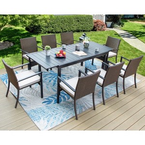 Captiva Designs 9pc Patio Rectangle Expandable Metal Dining Table & Rattan Chairs with Removable Cushions - 1 of 4