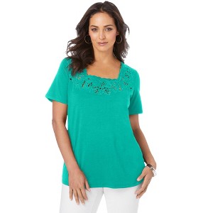 Jessica London Women's Plus Size Stretch Cotton Eyelet Cutout Tee - 1 of 4