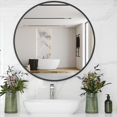 USHOWER Black Round Mirror for Over Sink 24-inch, Circle Bathroom Mirror, Metal Frame Vanity Mirror, Modern Wall Mirror for Entryway Living Room