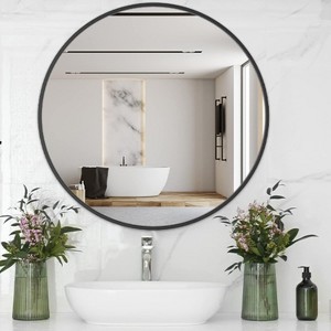USHOWER Black Round Mirror for Over Sink 24-inch, Circle Bathroom Mirror, Metal Frame Vanity Mirror, Modern Wall Mirror for Entryway Living Room - 1 of 4
