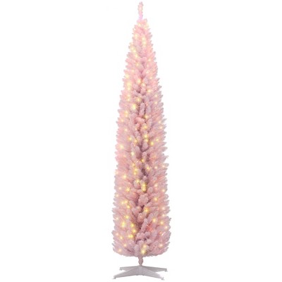 HOMCOM 8' Tall Pre-Lit Slim Noble Fir Artificial Pencil Christmas Tree with Realistic Branches, 300 Warm White LED Lights and 618 Tips, Pink