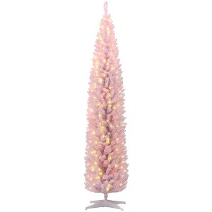 HOMCOM 8' Tall Pre-Lit Slim Noble Fir Artificial Pencil Christmas Tree with Realistic Branches, 300 Warm White LED Lights and 618 Tips, Pink - 1 of 4