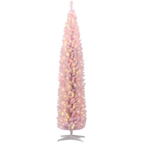 HOMCOM 8' Tall Pre-Lit Slim Noble Fir Artificial Pencil Christmas Tree with Realistic Branches, 300 Warm White LED Lights and 618 Tips, Pink - image 1 of 4