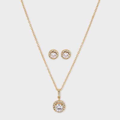 Round Cubic Zirconia Stone Pendant Necklace and Earring Set - Silver