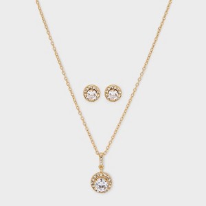 Round Cubic Zirconia Stone Pendant Necklace and Earring Set - Silver: Iron, Glass, Brass, Zinc Materials - 1 of 4