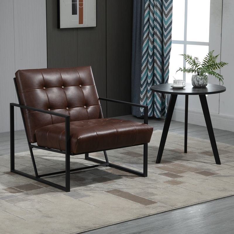 HOMCOM Mid-Century Modern Accent Chair Faux Leather Sofa Button Tufted Armchair with Metal Frame, Brown, 2 of 9