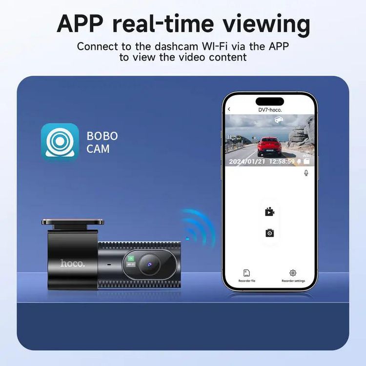 Dashcam with "hoco." branding next to a smartphone displaying a real-time video feed and app interface, with text promoting app connectivity for viewing content.