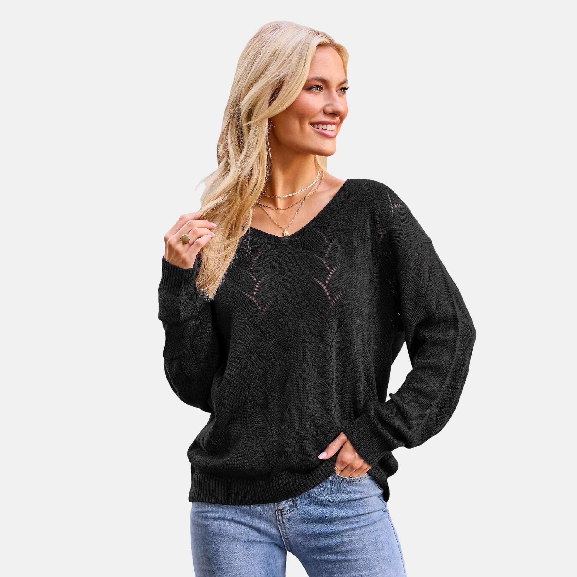 Women's Stylish Navy Blue Openwork Knit Sweater - Cupshe-L-Black