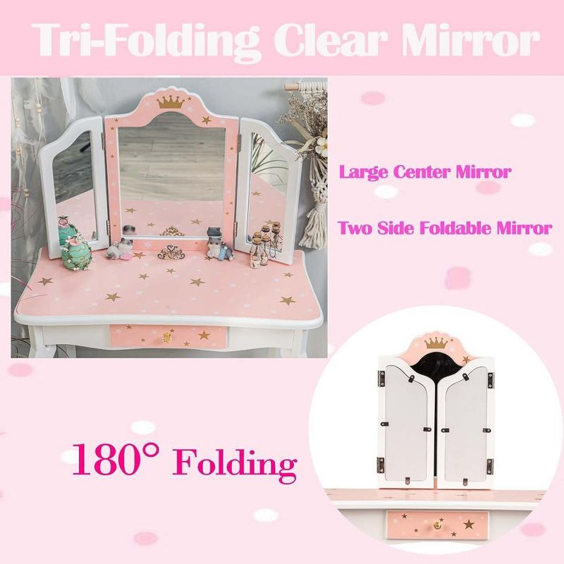 Trinity 2-in-1 Princess Vanity  Set ,Princess Makeup Table with Mirror, Stool, Tri-Folding Mirror & Drawer ,Pretend Play Dressing Table for Toddler Girls, 5 of 7
