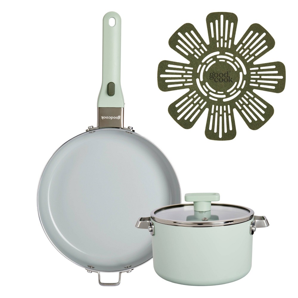 GoodCook 5pc 9.5" Frypan and 2qt Sauce Pan Ceramic Nonstick Cookware Set with 1 Removable Handle Sage Green