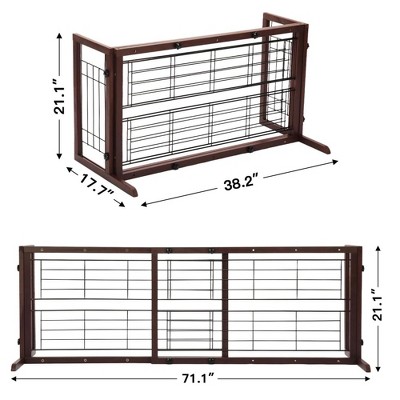 Expandable Brown Solid Wood Freestanding Pet Gate with Wire Mesh