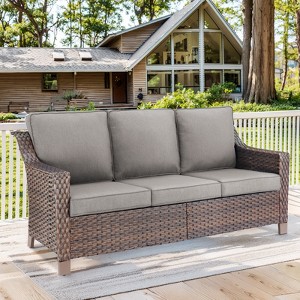 POCASSY Wicker Outdoor Couch, Brown Wicker Sofa Outdoor Furniture with All Weather Rattan and Olefin Cushion for Porch Balcony - 1 of 4
