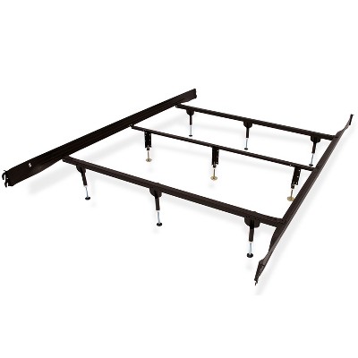 Glideaway Hook In Head & Footboard Metal Platform Bed Frame w/ 9 Support Legs & Adjustable Feet For Water Mattresses & Box Springs, Queen, Black