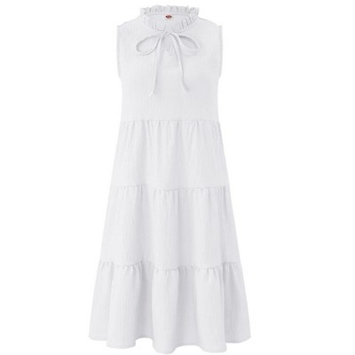 Girls' Sleeveless Tiered Dress Swing Midi Dress Ruffle Mock Neck Tie Front Dress A-Line Dress - Pink, 5-6 Years