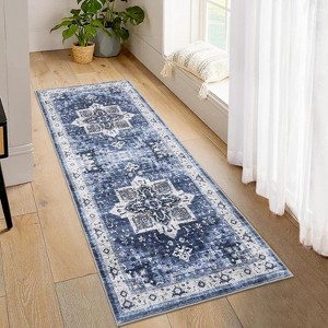 9x12 Area Rug Washable, Low-Pile Rug with Non-Slip Rubber Backing, Boho Vintage Style, Ideal for Bedroom Living Room Home Office Playroom, Blue - 1 of 4