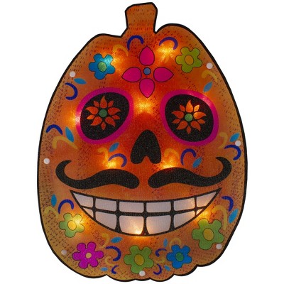 Northlight 15" Lighted Sugar Skull Pumpkin Halloween Window Silhouette