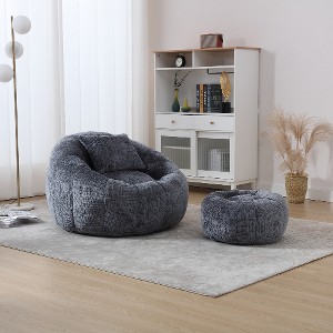 Lyngins Pumpkin-Shaped Chenille Bean Bag Chair Set, Ergonomic Round Lazy Chair with Ottoman & Pillow, Leisure Accent Chair, Single Sofa Chair - 1 of 4
