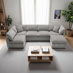130" Chenille Modular Sectional Sofa with Ottoman & Pillows - 1 of 4
