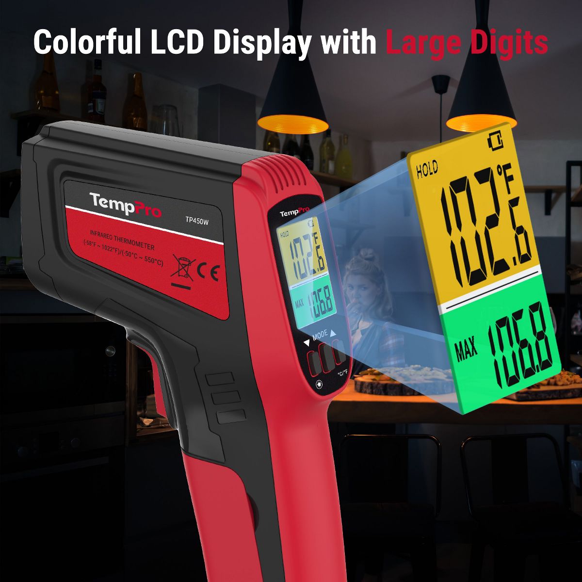 TempPro TP450W Dual Laser Temperature Gun for Cooking, Digital Infrared Thermometer for Pizza Oven Grill, Laser Thermometer Gun - thumbnail 6