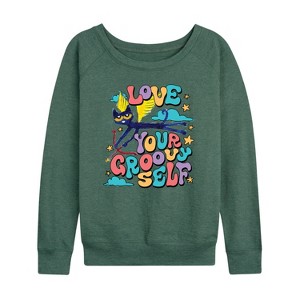 Women's - Pete the Cat - Love Yourself Lightweight French Terry Wide Neck Long Sleeve Shirt - 1 of 4
