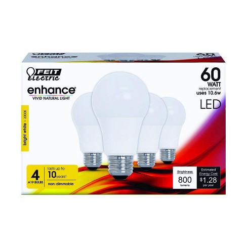 Feit Electric Enhance A19 E26 (Medium) LED Bulb Bright White 60 Watt  Equivalence 4 pk