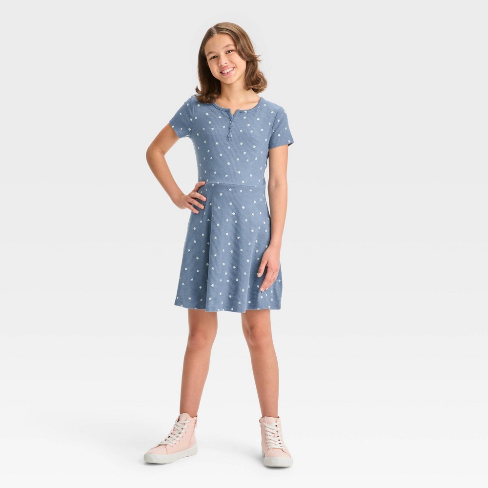 Girls' Rib-Knit Skater Henley Dress - art class™ Blue Floral L  2 pcs 