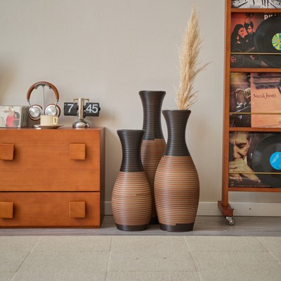 Aukfa Set of 3 Decorative Brown Floor Vases – Large Artificial Rattan Vases for Home Décor, Living Room, or Hallway Display