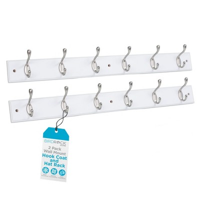 BIRDROCK HOME Wall-Mount Coat Rack - 6 Dual Hooks for Entryway, Hallway, Bathroom, Bedroom - White Pine w/ Satin Nickel Finish - 2 Pack