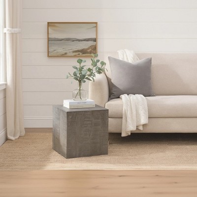 Royal Hampton Side End Table | 19 Inch Square Block Top | Sandblasted Gray Mango Wood