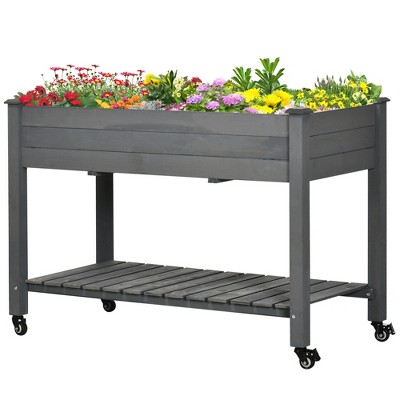Dark Gray Wooden Elevated Garden Planter with Lockable Wheels