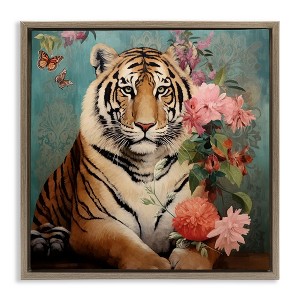 Stupell Industries Vintage Tiger & Bouquet Black Framed Floater Canvas Wall Art - 1 of 4