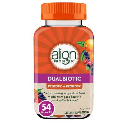 Align DualBiotic, Prebiotic + Probiotic for Women and Men, Natural Fruit Flavors, 54 Gummies