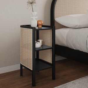 Sapphtopaz Wooden Rattan End Table with 3-Tier Storage Shelf Arch Side Table with Dip Tray Top Modern Bedside Table for Living Room, Bedroom - 1 of 4