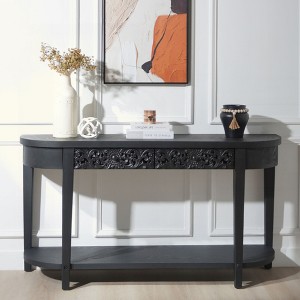 KIGFTSOD 59.2in Black Carved Wooden Console Table - Two Drawers, Lower Storage Shelf, Elegant Accent for Entryway, Living Room, Hallway - 1 of 4