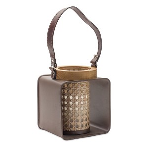 Metal Candle Holder with Wood and Leather Accents - 1 of 2