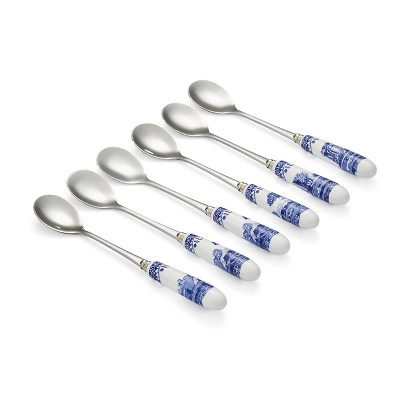 Spode Blue Italian Tea and Dessert Spoons - Set of 6 Porcelain Handle Stainless Steel Utensils - 6 Inch Flatware