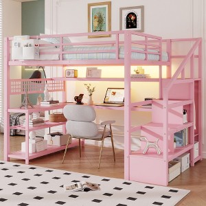 Whisen Full Size Metal Loft Bed & Bed Frame with Staircase and Wardrobe, Desk, Storage Shelves - 1 of 4