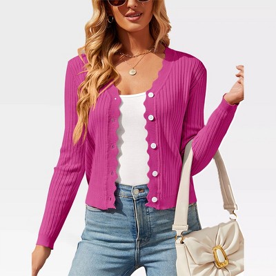 Women's V Neck Lightweight Knit Cardigan with Long Sleeves and Front Button Down Elegant Shrugs for Dresses,Rose - XL