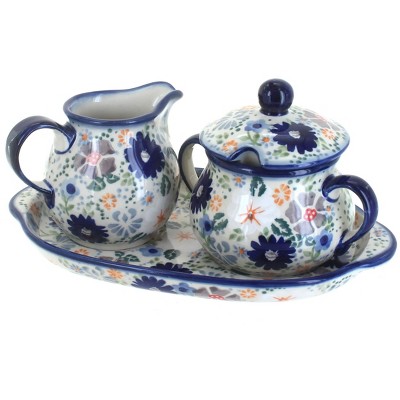 Blue Rose Polish Pottery Carnival Sugar & Creamer with Tray