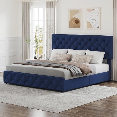 Homhougo Full Size Bed Frame with 4 Storage Drawers, Upholstered Platform Bed Frame with Adjustable Headboard, Diamond Stitched Button Tufted, Grey