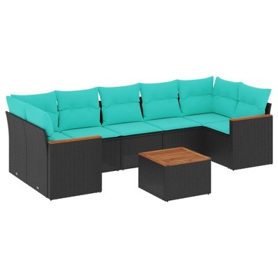 vidaXL 8 Piece Garden Sofa Set with Cushions Black and Blue Poly Rattan