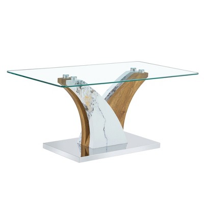 FURNIinspire Coffee Tables White Wood Rectangular Coffee Table Tempered Glass Top Artistic MDF Legs for Living Room Office, White, 39.4"*21.6"*18"