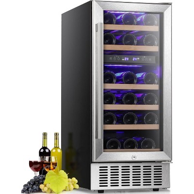ZAFRO 15" Wine Cooler Under Counter Beverage Refrigerator Beer Mini Fridge 28 Bottles   Stainless Steel Double-Layer Tempered Glass Door