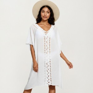Anna-Kaci Women's Crochet Trim Swim Cover Up Dress Loose Short Sleeve  Lightweight Beach Kaftan - White : Target