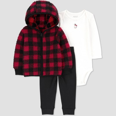 Image of Carter's Just One You®️ Baby Boys' Buffalo Checkered 3pc Top & Bottom Set - Red 9M
