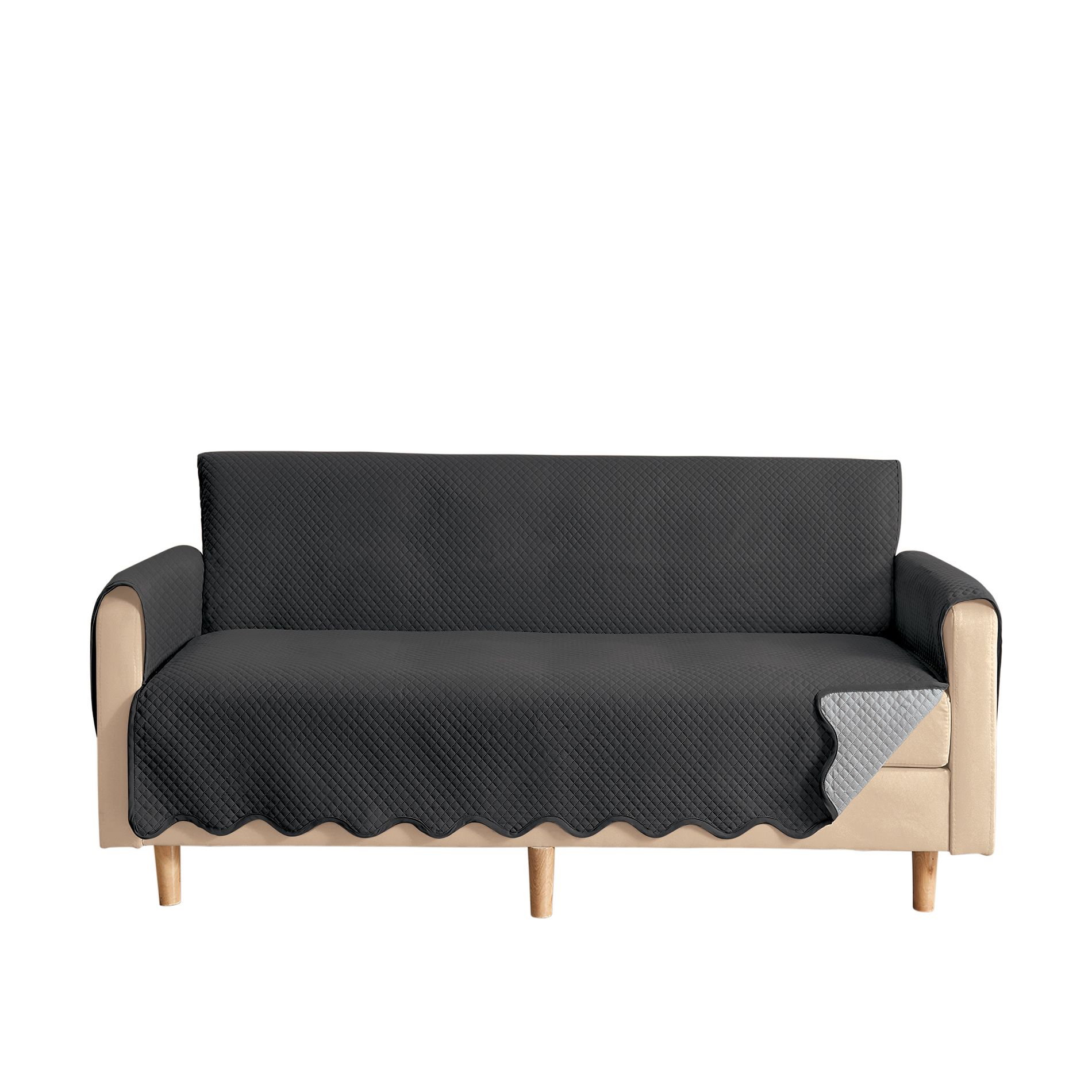 Collections Etc Lacey Scalloped Edge Reversible Quilted Furniture Protector Loveseat Dark Grey/Light