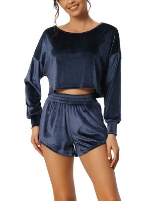 Cheibear Womens Velour Sweatsuits Outfits Crop Top With Shorts