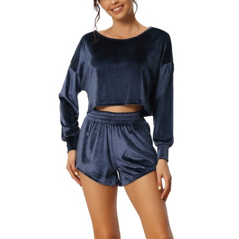 Cheibear Womens Velour Sweatsuits Outfits Crop Top With Shorts Velvet  Tracksuit 2 Piece Lounge Set Blue Large : Target